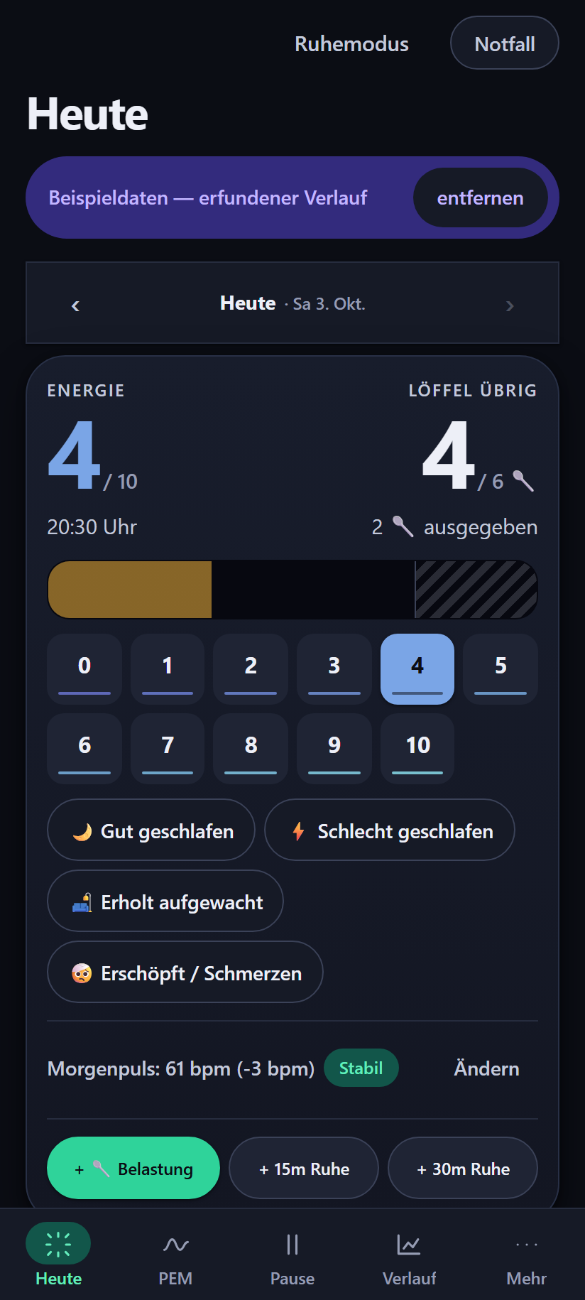 Ansicht Heute: Energie 4 von 10, Löffel übrig, Schalter für Belastung und Pausen