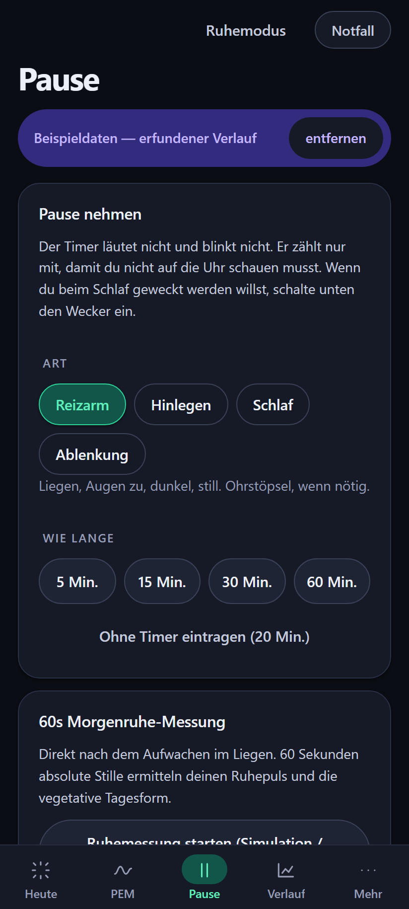 Ansicht Pause: reizarme Pausen mit Timer